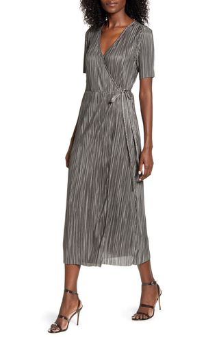 All in Favor + Metallic Pleated Short Sleeve Wrap Midi Dress