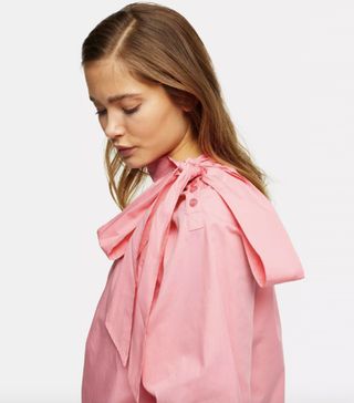 Topshop + Pink Poplin Pussybow Blouse