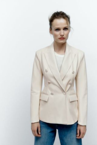 Zara + Faux Leather Double Breasted Blazer