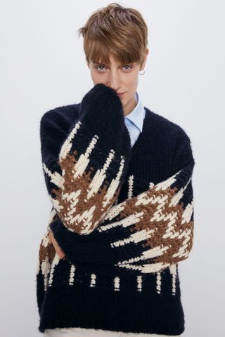 Zara + Ballon Sleeve Jacquard Sweater
