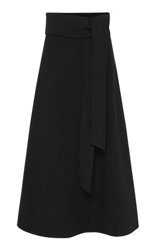 St. Agni + Manami Belted Cotton-Linen A-Line Midi Skirt