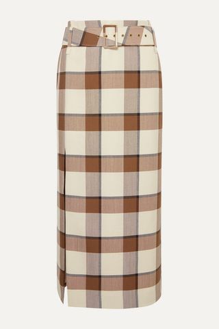 Staud + Simone Belted Checked Wool-Blend Piqué Midi Skirt
