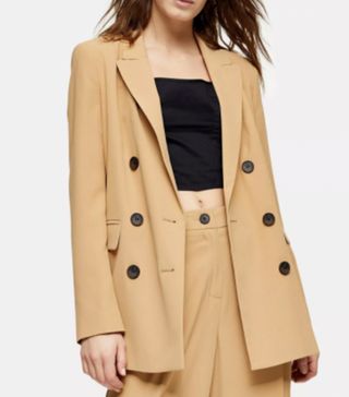 Topshop + Camel Twill Double Breasted Suit Blazer