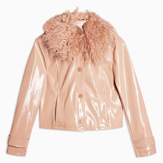 Topshop + Peach Faux Fur Collar Crop PU Coat