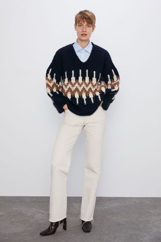 Zara + Balloon Sleeve Jacquared Sweater