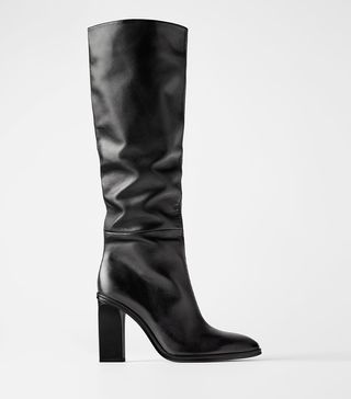 Zara + Slouchy High Heel Leather Boots