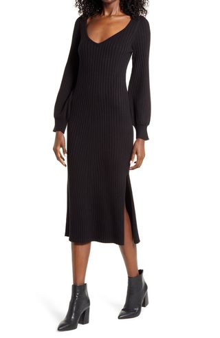 Charles Henry + Ribbed Body-Con Sweater Dress