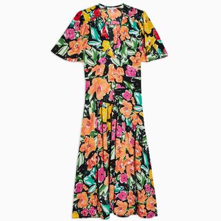 Topshop + Bold Floral Print Angel Sleeve Midi Dress