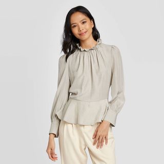 Who What Wear x Target + Shirred Ruffle Neck Blouse