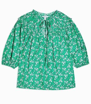 Topshop + Green Floral Puff Sleeve Blouse