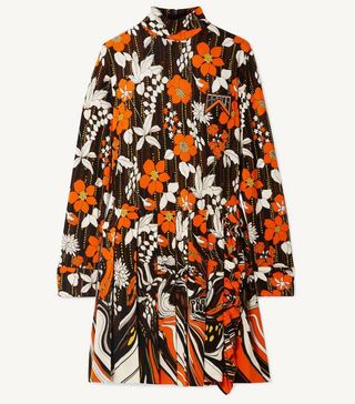 Prada + Appliquéd Pleated Floral-Print Jersey Mini Dress