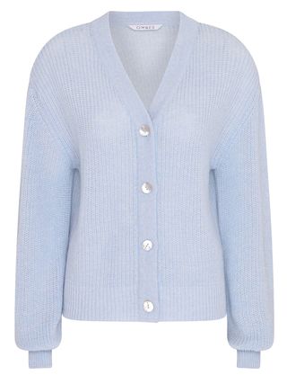 Omnes + Eva Knitted Merino Wool Blouson Sleeve Cardigan in Light Blue