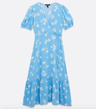 New Look + Petite Blue Floral Puff Sleeve Midi Wrap Dress