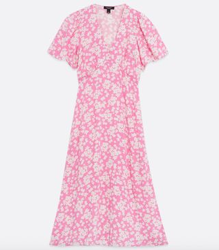 New Look + Petite Pink Floral Flutter Sleeve Midi Dress