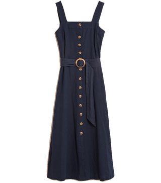 M&S Collection + Petite Linen Square Neck Midi Waisted Dress