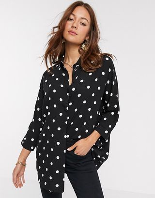 ASOS Design + Long Sleeve Oversized Shirt in Mono Spot Print