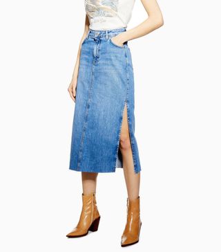 Topshop + Side Split Denim Midi Skirt