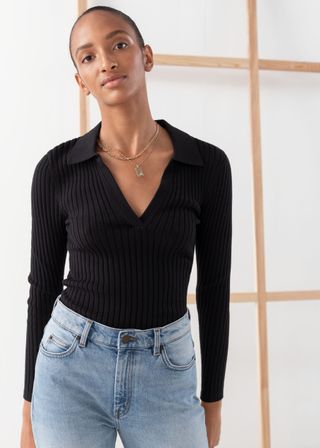 & Other Stories + Ribbed V-Neck Polo Knit Top