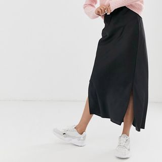 ASOS Design + Bias Cut Satin Midi Skirt With Splits