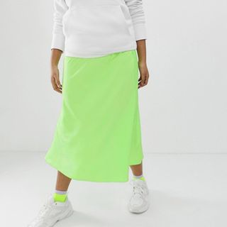 ASOS Design + Bias Cut Satin Slip Midi Skirt in Neon