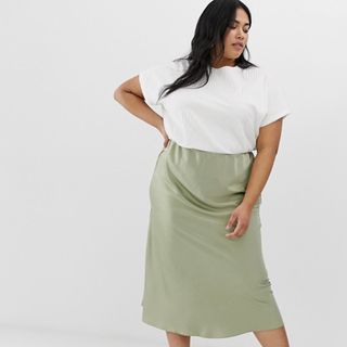 ASOS Design + Bias Cut Satin Slip Midi Skirt