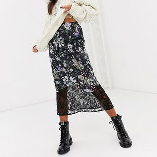 ASOS Design + Bias Cut Satin Midi Slip Skirt With Lace Trim in Floral Print