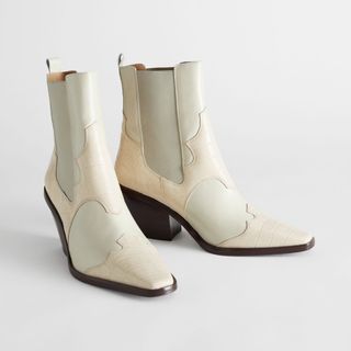 & Other Stories + Square Toe Leather Cowboy Boots in Light Beige