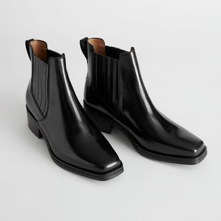 & Other Stories + Square Toe Leather Ankle Boots in Black