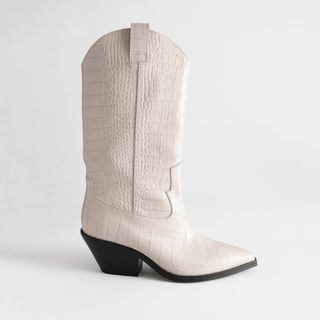& Other Stories + Croc Embossed Leather Cowboy Boots in White