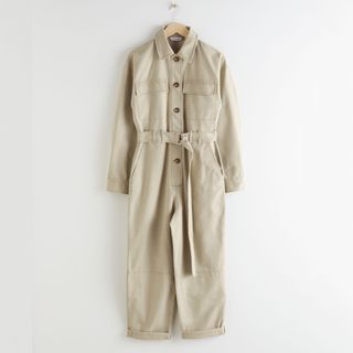 & Other Stories + Belted Cotton Utility Jumpsuit in Beige