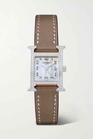 Hermès Timepieces + Heure H 17.2mm Very Small Stainless Steel, Leather, Mother-Of-Pearl and Diamond Watch