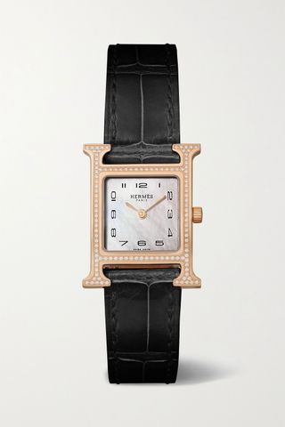 Hermès Timepieces + Heure H 21mm Small 18-Karat Rose Gold, Alligator, Mother-Of-Pearl and Diamond Watch