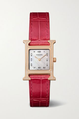 Hermès Timepieces + Heure H 21mm 18-Karat Rose Gold, Alligator, Mother-Of-Pearl and Diamond Watch