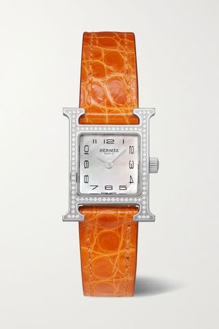 Hermès Timepieces + Heure H 17.2mm Very Small Stainless Steel, Alligator, Mother-Of-Pearl and Diamond Watch