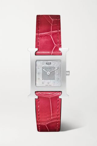 Hermès Timepieces + Heure H 21mm Small Stainless Steel, Alligator, Diamond and Mother-Of-Pearl Watch