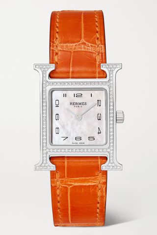 Hermès Timepieces + Heure H 21mm Small Stainless Steel, Alligator, Diamond and Mother-Of-Pearl Watch