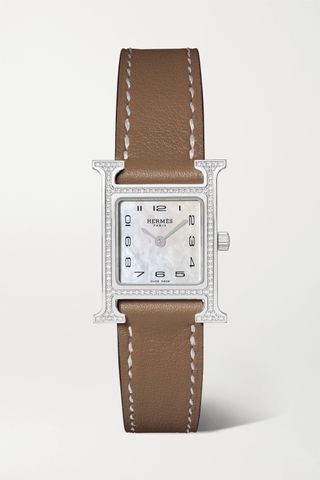Hermès Timepieces + Heure H 21mm Small Stainless Steel, Leather, Diamond and Mother-Of-Pearl Watch