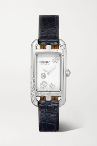 Hermès Timepieces + Nantucket 17mm Very Small Stainless Steel, Alligator and Diamond Watch