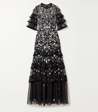 Needle & Thread + Meadow Ruffled Crochet-Trimmed Sequined Tulle Gown