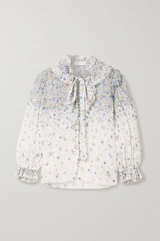 Zimmermann + Carnaby Pussy-Bow Ruffled Floral-Print Ramie Blouse