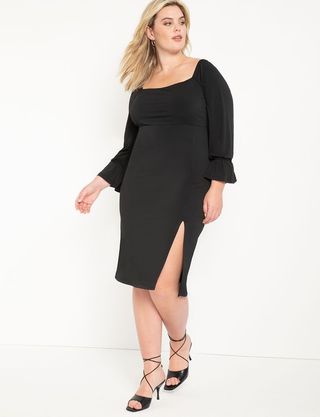 Eloquii + Square Neck Dress With Tie Sleeves