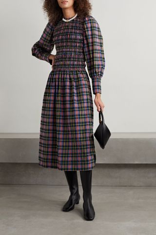 Ganni + Shirred Checked Organic Cotton-blend Seersucker Midi Dress