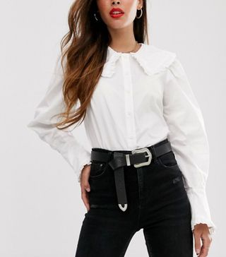 ASOS Design + Long Sleeve Shirt with Ruffle Collar