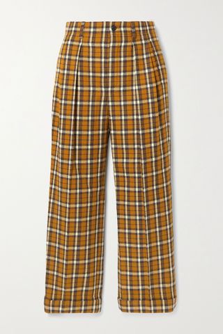 Saint Laurent + Cropped Pleated Checked Wool Straight-Leg Pants