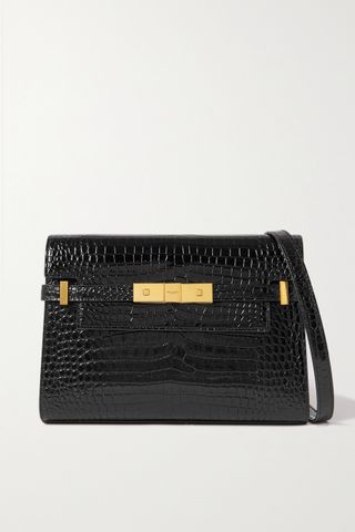 Saint Laurent + Manhattan Small Croc-Effect Patent-Leather Shoulder Bag