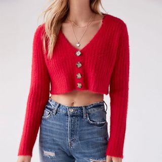 Urban Outfitters + Rochelle Fuzzy Cropped Sweater Cardigan