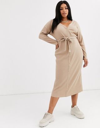 ASOS + Curve Super Soft Rib Belted Fallen Shoulder Midi Dress