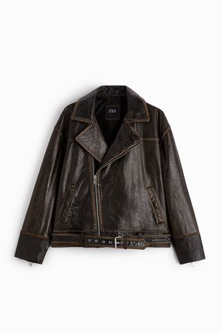 Zara + Distressed Leather Biker Jacket