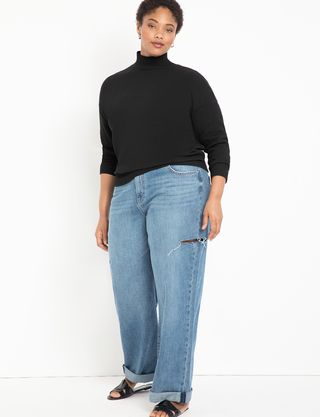 Eloquii + Distressed Wide Leg Jean With Roll Cuff