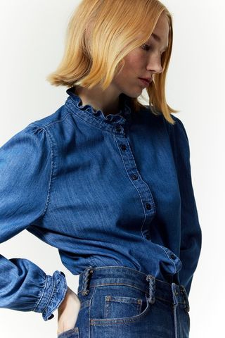 H&M + Frill-Trimmed Denim Blouse